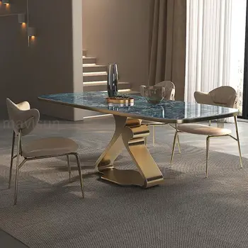Роскошный обеденный стол с красивым текстурированным глянцевым рабочим столом, высококачественная мебель для кухни, креативный прямоугольный стол и стулья Изображение 2