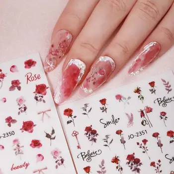 Самоклеящиеся модные наклейки для ногтей с розами ручной росписи, розовые наклейки для ногтей, украшения для ногтей, аксессуары для маникюра