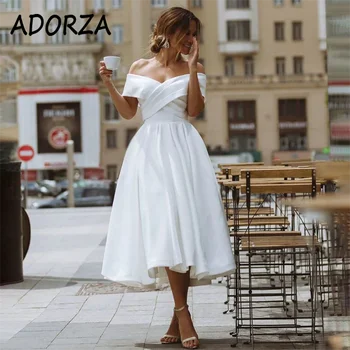 Свадебное платье ADORZA, Атласное Свадебное платье с рюшами и открытыми плечами, На шнуровке сзади Крест-накрест, Чайной длины, Vestido De Noiva для невесты