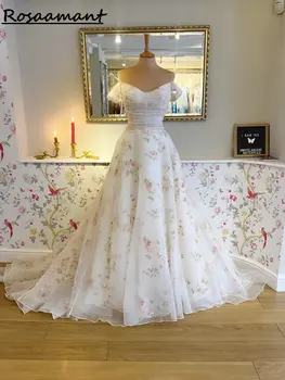 Свадебные платья трапециевидной формы С цветочным принтом, Свадебные платья в складку С открытыми плечами, Robe De Mariée