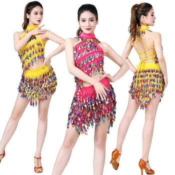 Сексуальные многоцветные женские танцевальные костюмы с блестками и открытой спиной для сальсы и латиноамериканских танцев Свободного размера Изображение 2