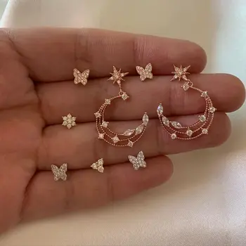 Серьги-гвоздики со стразами в Европе и США популярные звезды цветы бабочка серьги из нескольких частей ювелирные изделия
