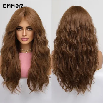 Синтетические парики Emmor для женщин, длинные волнистые водяные парики с челкой, косплей, Натуральное Омбре, Каштановые Светлые волосы, Высокотемпературное волокно