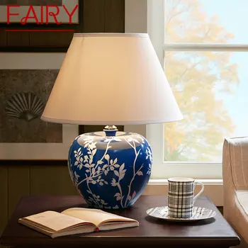 Сказочная современная синяя керамическая настольная лампа, креативный винтажный светодиодный настольный светильник для декоративного дома, гостиной, прикроватной тумбочки в спальне