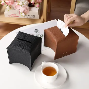 Складная квадратная коробка для салфеток из искусственной кожи с нижним ремнем, простой футляр для салфеток, коробка для хранения, украшение для дома и гостиной Изображение 2