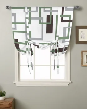 Современная абстрактная геометрия середины века, Зелено-белая Кухня, Короткая занавеска на окне, Домашний декор, Маленькое окно, Римские шторы на завязках.