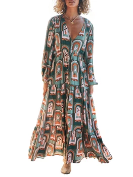 Солнечное Женское Богемное свободное платье Макси с глубоким V-образным вырезом и длинным рукавом, пляжное платье с геометрическим принтом.