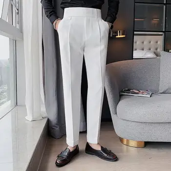 Стильные мужские брюки, мужские костюмные брюки с высокой талией, облегающие брюки на молнии