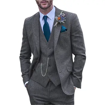 Строгие серые мужские костюмы, приталенные смокинги из 3 предметов, куртка с отворотом в елочку + жилет + брюки для выпускного, свадебное украшение