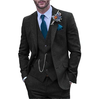 Строгие серые мужские костюмы, приталенные смокинги из 3 предметов, куртка с отворотом в елочку + жилет + брюки для выпускного, свадебное украшение Изображение 2