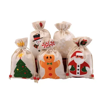 Сумка для упаковки рождественских подарков Apple candy для хранения подарков, маленькая тканевая сумка с принтом снежинки, снеговика, лося Изображение 2