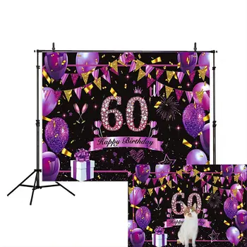 Счастливый 60-й День Рождения Фон Украшение Баннер Фиолетовый Черный Золотой Фон для Фотосъемки Женщин 60-Летие Вечерние Принадлежности Изображение 2