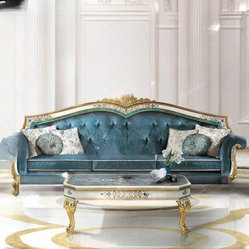 Тканевый диван в европейском стиле Роскошный французский стиль с резьбой из массива дерева большая вилла гостиная раковина диван 123 комбинация