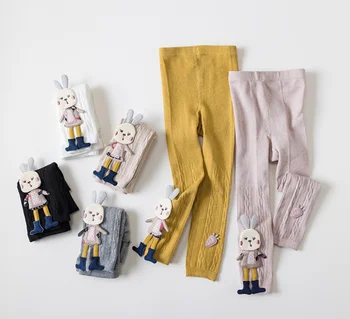 Толстые теплые трикотажные брюки для девочек, хлопковые леггинсы с милым кроликом для девочек, Детские штаны, брюки от 0 до 8 лет Изображение 2
