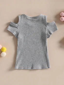 Топ-туника с рюшами на рукавах для маленьких девочек, Базовая летняя рубашка в рубчик с открытыми плечами, блузка с коротким рукавом для малышей