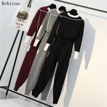 Трикотажный повседневный спортивный костюм Rebicoo, брючные костюмы, модный элегантный комплект из 2 предметов, женский пуловер, свитер и брюки