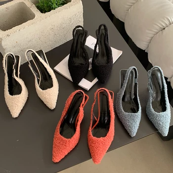 Туфли-лодочки, женские туфли на высоком каблуке, Босоножки, босоножки, уличная женская модная женская обувь из флока с острым носком на мелком каблуке для дам 2023 Изображение 2