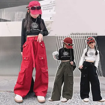 Укороченный топ в стиле хип-хоп для девочек, Свободные брюки-карго, Детская футболка-поло для уличных танцев, Мешковатые брюки, Детская уличная одежда, комплекты одежды для подростков