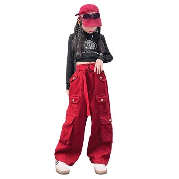 Укороченный топ в стиле хип-хоп для девочек, Свободные брюки-карго, Детская футболка-поло для уличных танцев, Мешковатые брюки, Детская уличная одежда, комплекты одежды для подростков Изображение 2