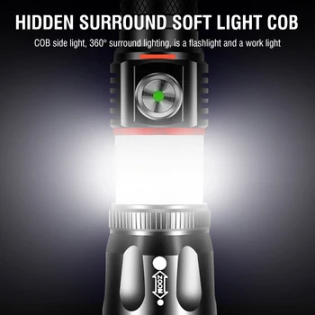 Ультраяркий COB светодиодный фонарик с зумом 800LM, USB перезаряжаемый фонарь 18650, водонепроницаемый фонарь для рыбалки и кемпинга с магнитом Изображение 2