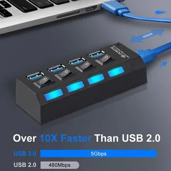 Универсальный USB-концентратор 4 порта USB 2.0 Разветвитель Зарядное Устройство Высокоскоростной мини-концентратор Разъем Разветвитель Кабельный адаптер с переключателем для портативного ПК Изображение 2