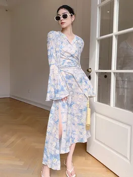 Французское винтажное элегантное вечернее платье Миди с цветочным рисунком, женское летнее повседневное платье с V-образным вырезом и длинным рукавом, Корейская цельная одежда