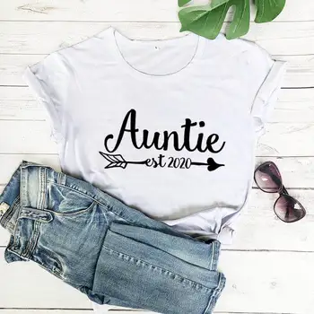 Футболка Auntie Est Since 2020, Новое поступление, женская летняя забавная повседневная футболка из 100% хлопка, подарок для тети, футболки, подарок будущей тете Изображение 2