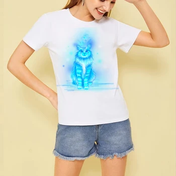 Футболка Kawaii Cat, Женская футболка с забавным мультяшным принтом, футболка Harajuku, Графическая футболка, Летняя модная футболка с коротким рукавом, женская футболка Изображение 2