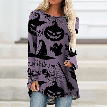 Футболки на Хэллоуин, топы Оверсайз, пуловер с 3D-печатью, женская модная одежда, элегантная футболка с круглым вырезом и длинным рукавом Изображение 2