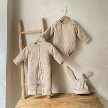 Хлопчатобумажная куртка цвета овсянки корейского модного цвета, длинные комбинезоны, одежда для новорожденных, зимняя одежда из утолщенного хлопка для малышей Изображение 2