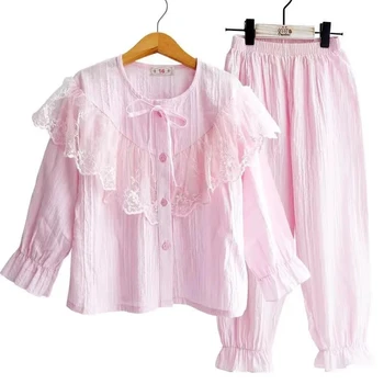 Хлопчатобумажная льняная дышащая пижама для девочек, костюм-двойка, брюки с длинными рукавами, пижама, весенне-осенняя детская ночная рубашка с круглым вырезом