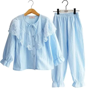 Хлопчатобумажная льняная дышащая пижама для девочек, костюм-двойка, брюки с длинными рукавами, пижама, весенне-осенняя детская ночная рубашка с круглым вырезом Изображение 2