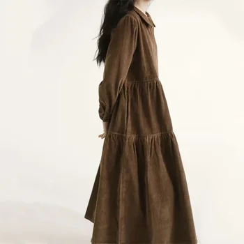 Хлопчатобумажные однотонные винтажные платья для женщин 2024, весна-осень, повседневное модное элегантное платье в корейском стиле, офисная женская одежда Изображение 2