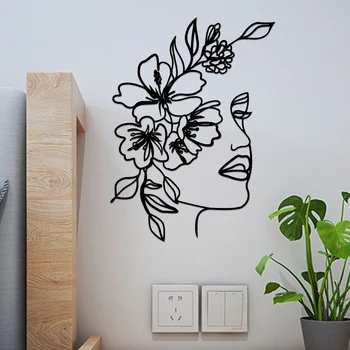 Художественное оформление стен в виде металлической линии, женское лицо, цветок, подвесное искусство, минималистичный современный настенный декор для спальни, ванной комнаты, гостиной Изображение 2