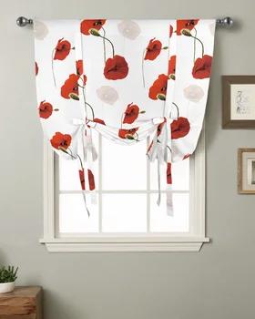 Цветочная занавеска с красным маком и белым окном для гостиной, римские шторы для кухни, кафе, короткие шторы с подвязкой