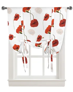 Цветочная занавеска с красным маком и белым окном для гостиной, римские шторы для кухни, кафе, короткие шторы с подвязкой Изображение 2