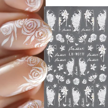 Цветочные Наклейки Для Дизайна Ногтей 3D Самоклеящиеся Свадебные Украшения С Тиснением В виде Розы, Наклейка Для Дизайна Ногтей В виде Белого Цветка, Принадлежности Для Ногтей LELB-W019
