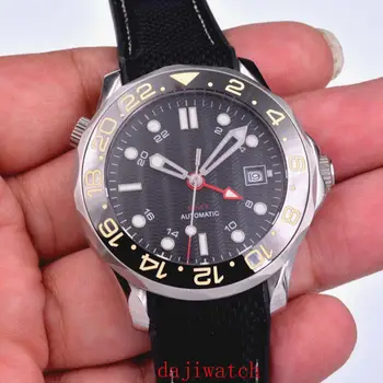 Часы Bliger 41 мм GMT с автоподзаводом, сапфировое стекло, черный стерильный циферблат, Керамический безель, Резиновый ремешок для часов, Часы из нержавеющей стали