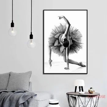Черно-белая Танцующая девушка Картина на холсте в скандинавском стиле, плакаты и принты для домашнего искусства, модульные настенные панно для спальни Без рамок