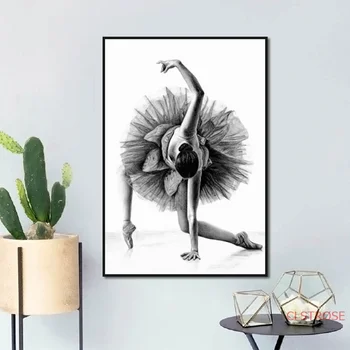 Черно-белая Танцующая девушка Картина на холсте в скандинавском стиле, плакаты и принты для домашнего искусства, модульные настенные панно для спальни Без рамок Изображение 2