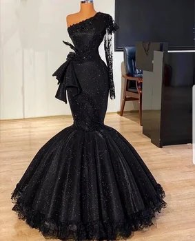 Черное Сексуальное платье-труба с кружевом на одно плечо, украшенное бисером, для гостей на свадьбу, Вечерние платья для выпускного вечера, Коктейльные
