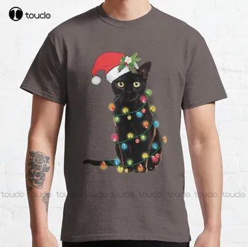 Черный кот Санта, запутавшийся в огнях, Рождественская иллюстрация Санта Клауса, Классическая футболка, рубашки для учителей для женщин, Модная Забавная новинка
