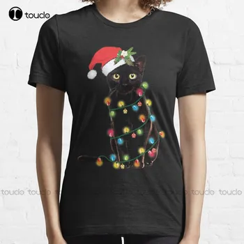 Черный кот Санта, запутавшийся в огнях, Рождественская иллюстрация Санта Клауса, Классическая футболка, рубашки для учителей для женщин, Модная Забавная новинка Изображение 2