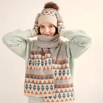Шерстяная теплая шапка, шарф, перчатки, комплект стильной зимней вязаной шапки, перчатки, шарф, комплект для женщин, удобные для нее