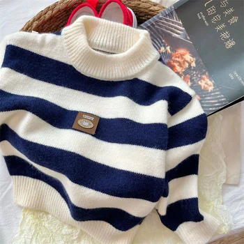 Шерстяной свитер для мальчиков, вязаный крючком, хлопковая ветровка 2023, Прекрасный утепленный Осенне-зимний пуловер, верхняя одежда, детская одежда Изображение 2