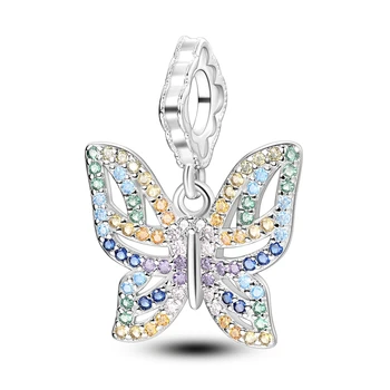 Шикарный браслет и ожерелье Pandora из стерлингового серебра 925 Пробы с разноцветным Паве и полой бабочкой, женские украшения своими руками в подарок