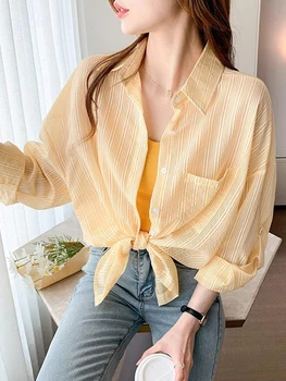 Шифоновая Милая Корейская полосатая Солнцезащитная рубашка, женская Повседневная Свободная блузка с отложным воротником в опрятном стиле, модный универсальный топ