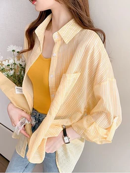 Шифоновая Милая Корейская полосатая Солнцезащитная рубашка, женская Повседневная Свободная блузка с отложным воротником в опрятном стиле, модный универсальный топ Изображение 2