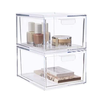 Штабелируемые ящики-органайзеры из прозрачного пластика высотой 4,5 дюйма для хранения косметики и косметических принадлежностей Изображение 2