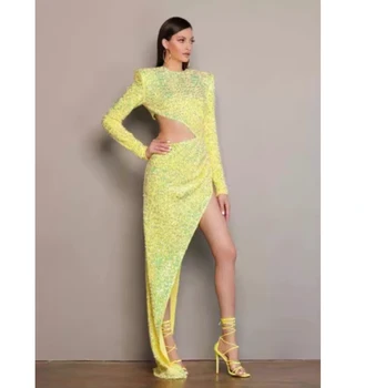 Элегантное желтое платье с расшитым блестками правым плечом, длинными рукавами, разрезом в виде рыбьего хвоста, длиной до пола, Вечернее платье для женщин vestidos de fiesta Изображение 2